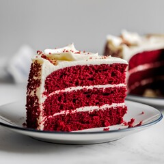 A soft, fluffy red velvet cake slice shown clearly on a white background – red velvet cake wallpaper – bakery wallpaper – red velvet cake image

