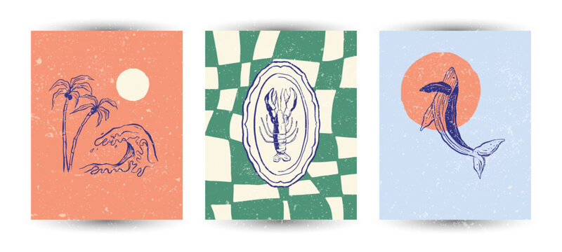 Set of Hand Drawn sketch style vector Illustrations &ndash; Vintage Style Minimal Posters with Grunge Texture. Travel doodles. Art for postcards, print posters, packaging design with textured grunge finish