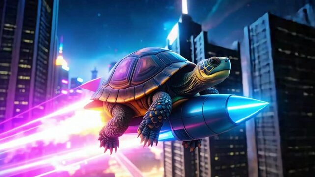 Rocket Turtle Takes Flight in Cyberpunk City 4K