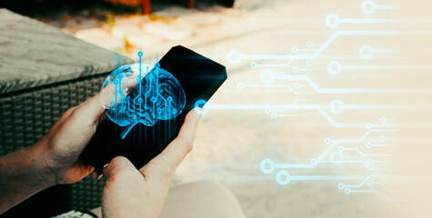 hand of businessman interactive touching a holographic of transaction financial network data...