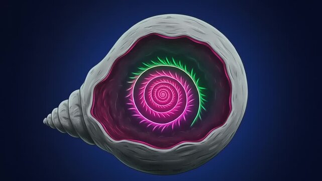 Colorful spiral pattern inside a shell against a dark blue background, representing nature's beauty