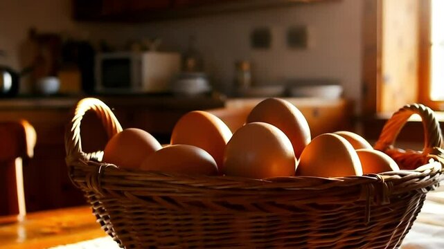 A wooden basket filled with freshly collected brown eggs, placed on a wooden table with a soft linen cloth. Natural light emphasizes the texture of the shells.
