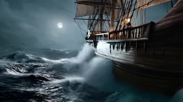 Historic sailing vessel in a turbulent sea at night