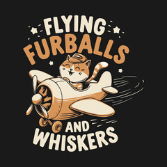 Flying Furballs Whiskers Adorable Cartoon Cat Pilot Soaring in a Vintage Airplane with a Playful Orange Sunset Background