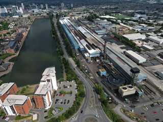 Arial view of suburban housing, flats and apartments Bute East Dock Cardiff, South Wales 