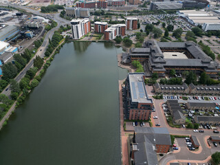 Arial view of suburban housing, flats and apartments Bute East Dock Cardiff, South Wales 