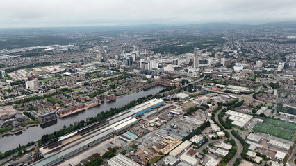 Obraz premium Arial view of suburban housing, flats and apartments Bute East Dock Cardiff, South Wales 