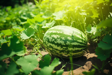 Obraz premium Vibrant watermelon growing under the warm sun in a lush, green field, thriving in healthy soil and surrounded by nature's beauty
