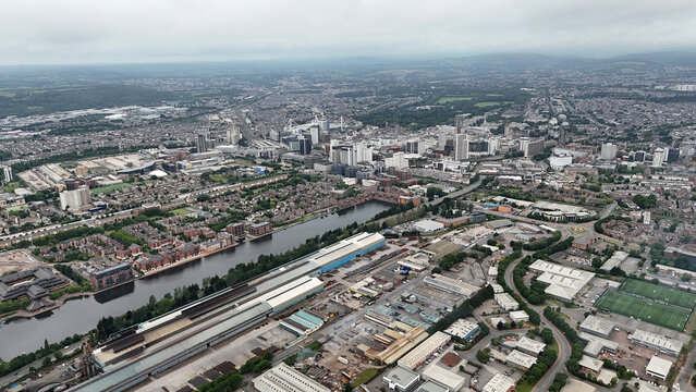 Arial view of suburban housing, flats and apartments Bute East Dock Cardiff, South Wales 