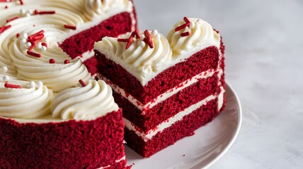 A perfect bakery-style red velvet cake slice displayed on a clean white background – red velvet cake wallpaper – bakery wallpaper – red velvet cake image

