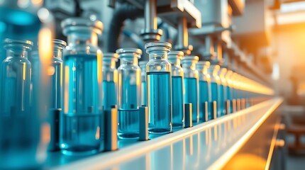 Close-up of vials filled with blue liquid on a production line, showcasing pharmaceutical manufacturing and scientific research in a modern, automated factory setting