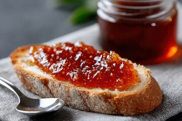 A delicious slice of bread topped with homemade jam lies on a textured grey table, encapsulating a simple yet delightful breakfast or snack moment.