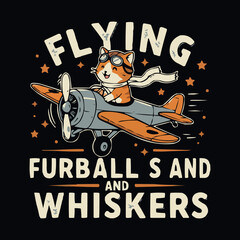 Flying Furballs and Whiskers: Adorable Cartoon Cat Pilot Soaring Through the Sky in a Vintage Airplane T-Shirt Design
