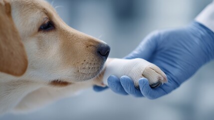 A gentle moment between a veterinarian and a dog. The dog looks calm and trusting as the vet holds its paw. This image captures love and care in animal healthcare. AI