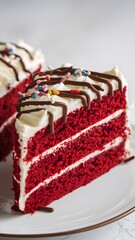 Close-up of a freshly cut red velvet cake slice on a plain white backdrop – red velvet cake wallpaper – bakery wallpaper – red velvet cake image

