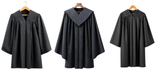 Elegant Black Graduation Robes Hanging on Wooden Hangers