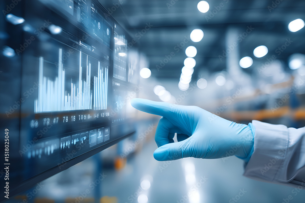 Poster engineer managing operations using interactive dashboard in factory