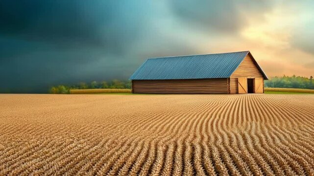 Serene countryside scene featuring a rustic barn amidst golden wheat fields under dramatic skies