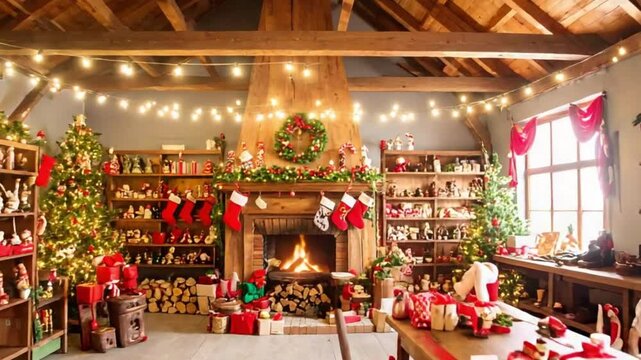 Santa's Workshop at Night A Cozy Christmas Scene with Glowing Fireplace (4K Time-Lapse Animation)