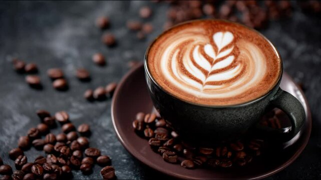 A close-up view of a beautifully crafted latte, surrounded by coffee beans, evoking warmth and inviting a moment of indulgence.
