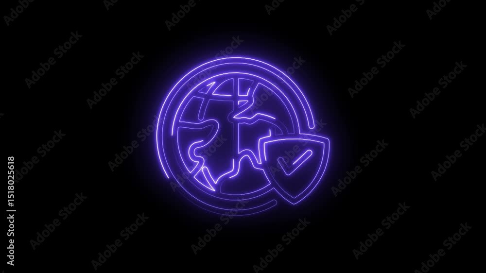 Poster world globe security shield checkmark neon outline for global cybersecurity and data protection conc