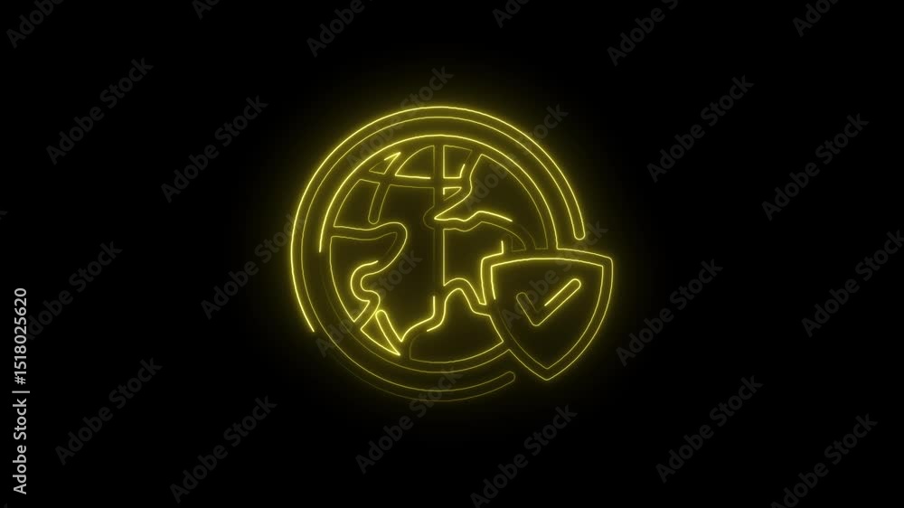 Poster glowing world map icon with protective shield and checkmark for global security