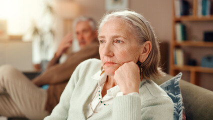 Frustrated, senior couple and fight with disagreement on sofa for toxic marriage at retirement...