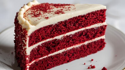 A rich slice of red velvet cake with cream cheese frosting on a clean white surface – red velvet cake wallpaper – bakery wallpaper – red velvet cake image

