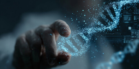  3D holographic DNA sequence with gene editing overlays and cellular visuals.
