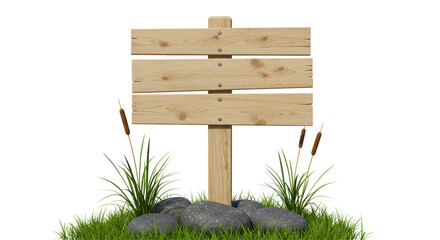 Isolated wooden sign with grass and rocks