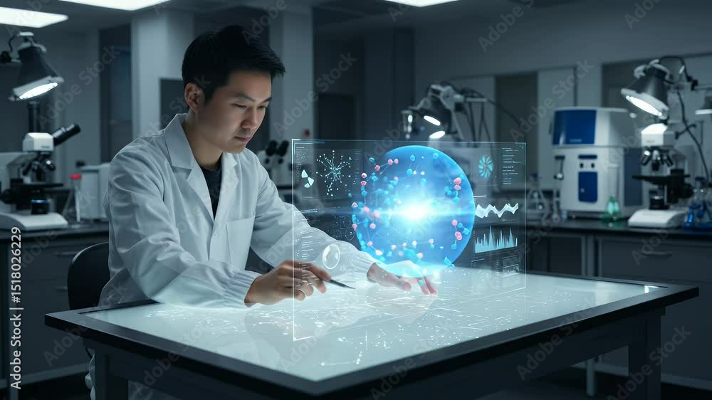 Poster scientist interacts with holographic data in a lab