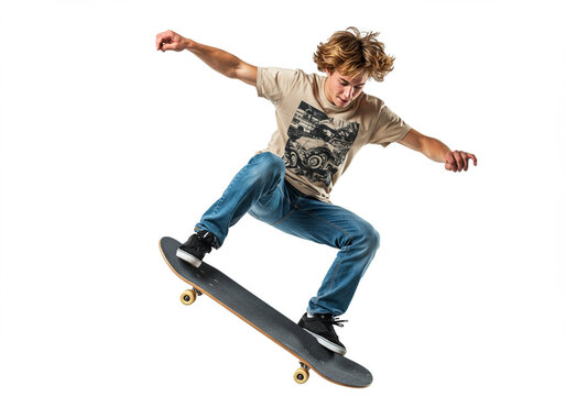 young man mid-air on a skateboard, seemingly performing a trick. He is wearing a light-colored t-shirt and denim shorts, with his arms outstretched for balance. 
