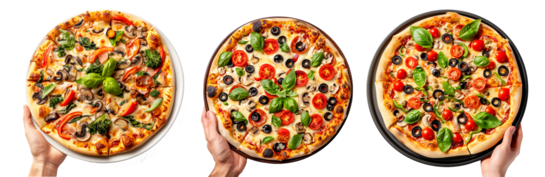 Hand holding Vegetarian pizza isolated on white transparent background. Concept of fast food and homemade pizza.