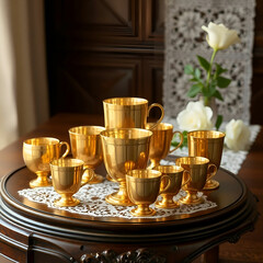 Pouring hot coffee into a white cup on a glossy surface with steam rising and warm light in a cozy setting. Generative AI