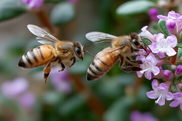 An exquisite close-up of two bees interacting with blooming flowers, highlighting the essential role of pollinators in sustaining the health of our ecosystems and food sources.
