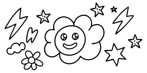 Cartoon flower with stars, lightning, and cloud isolated on white