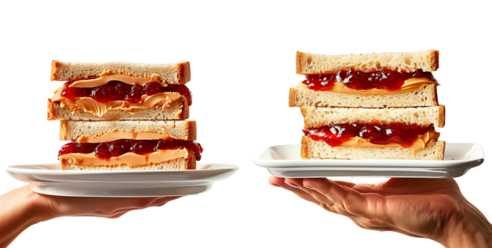 Hand holding Peanut Butter Sandwich with peanut butter spread between two slices of bread isolated on white transparent background, perfect for a healthy meal.