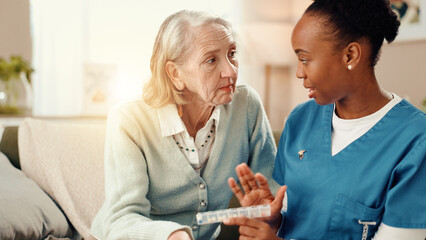 Women, nurse and pills with elderly patient for medication prescription, consultation or dosage....