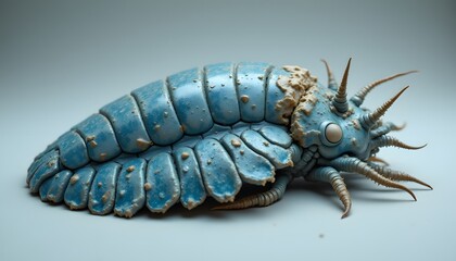 An empty exoskeleton, predominantly azure with hints of beige, rests upside down, its shape vaguely reminiscent of a chelonian's carapace; the delicate