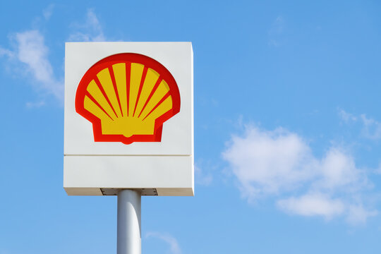 Shell petroleum company logo on billboard against blue sky. Antalya, T&uuml;rkiye - May 18, 2023