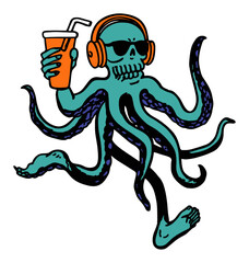 Obraz premium Fun Hand-Drawn Octopus Skeleton with Headphones and Drink Illustration