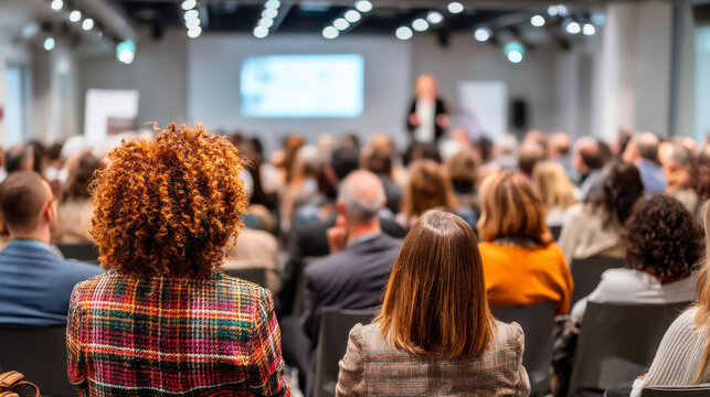 Bright seminar session with diverse audience and business presentation