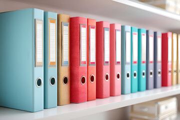 Colorful ring binders standing in a row on a shelf in the office