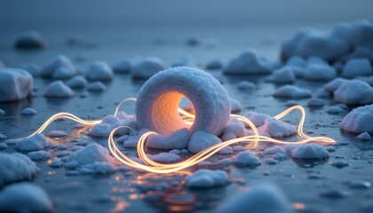 A fleeting canvas of winter, sculpted forms emerge from compacted crystalline water. The monochrome landscape is disrupted by vibrant streaks of light