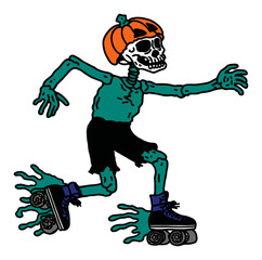 Hand-Drawn Skeleton Roller Skating with Pumpkin Head Illustration - obrazy, fototapety, plakaty