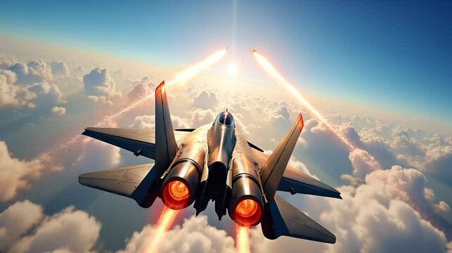Modern fighter jet launching missiles at an enemy aircraft during intense air combat high above the clouds at sunset, showcasing a realistic military prowess and technology
