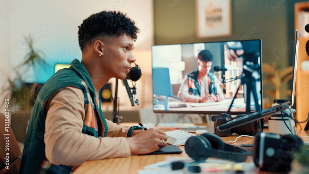 Poster man, graphics tablet and video editing by monitor with review, production and content creation in ho