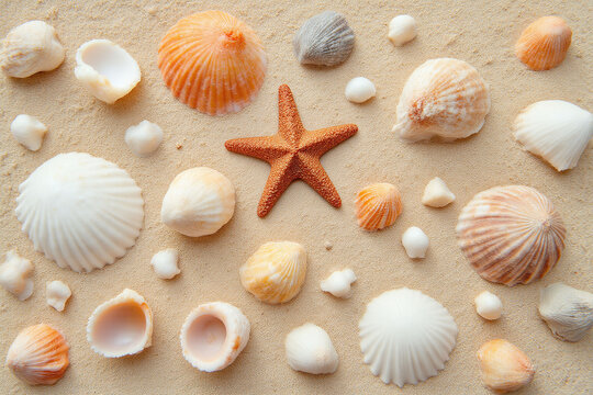 group of seashells and starfish on a sandy beach