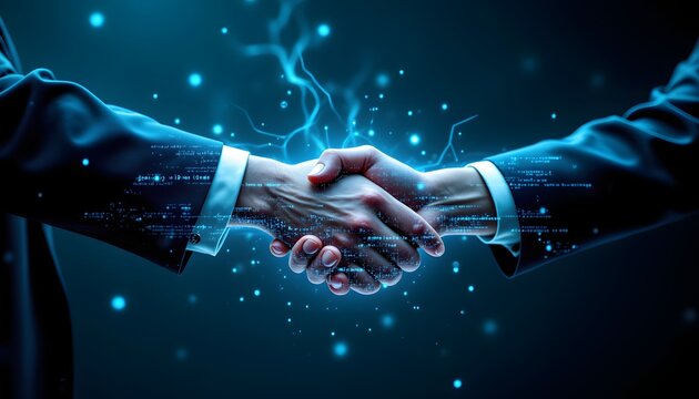 A translucent digital display overlays a firm handshake between two individuals