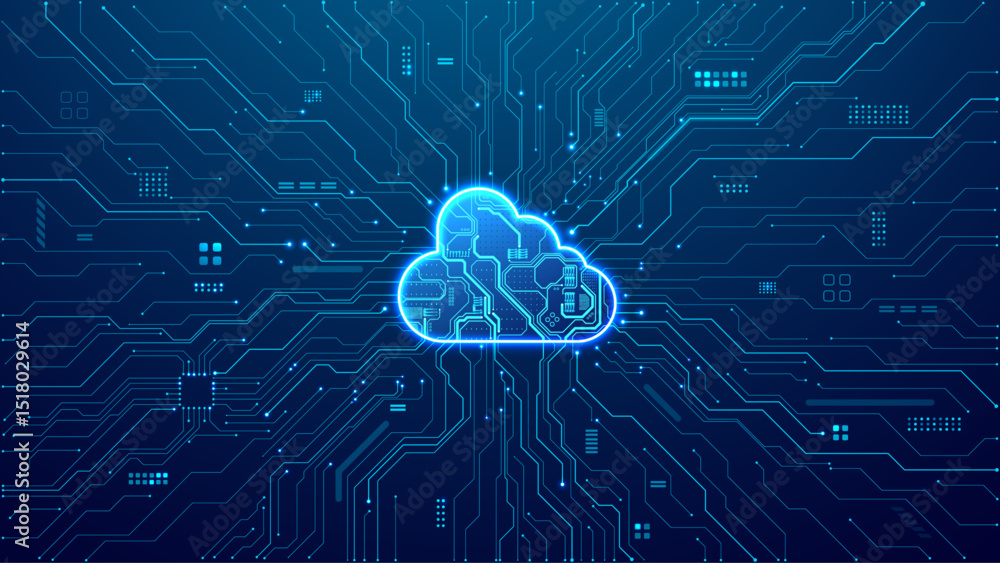 Leinwandbilder Abstract digital tech Cloud with circuit board components. AI data server concept. Big Data. Technology blue circuit board. 3D neon cloud in the center futuristic motherboard. Vector illustration. 